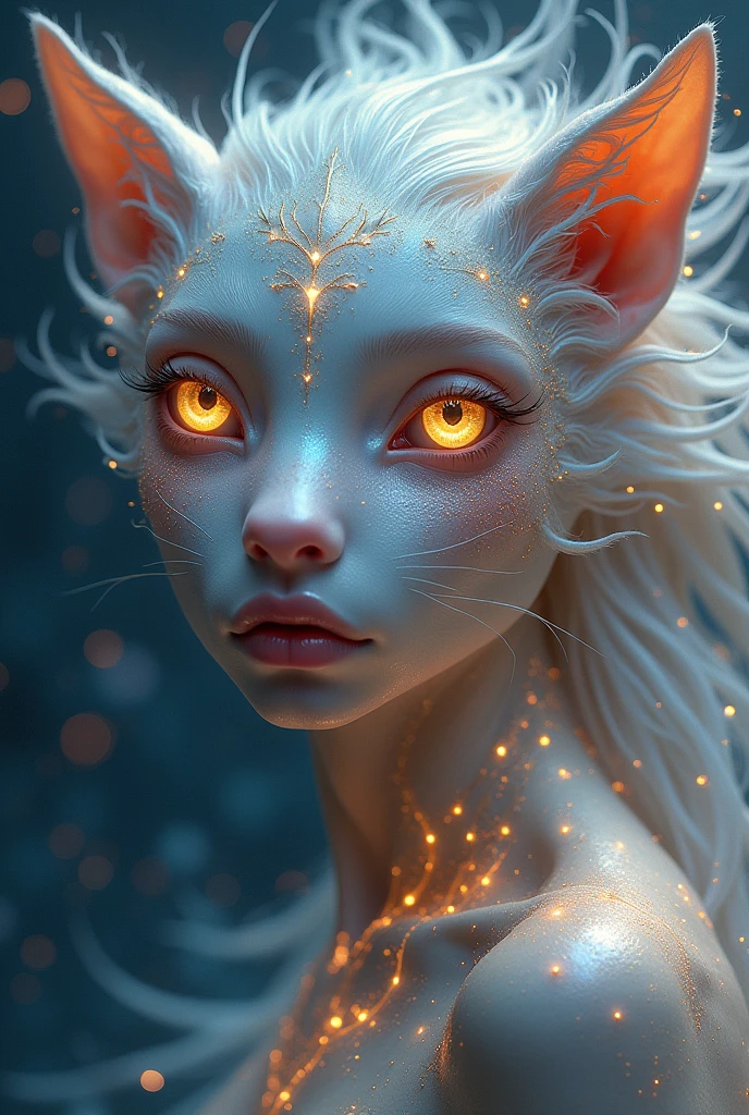 A cute adorable hyper-realistic and captivating portrait of a mystical and otherworldly beautiful young goddess creature, with luminous and ethereal animal features. The creature has deep glowing eyes that radiate an otherworldly light, surrounded by intricate patterns of shimmering light and shadow on its skin. The hair is a flowing cascade of silver and gold strands that catch and reflect light like threads of pure energy. The background is a dynamic blend of cosmic colors: blues + purples + pinks, swirling together in a nebula-like pattern, creating an aura of mystery and wonder. The overall composition is both surreal and stunningly lifelike, with a focus on detail and depth that draws the viewer into the mystical world of this extraordinary being. Super creative