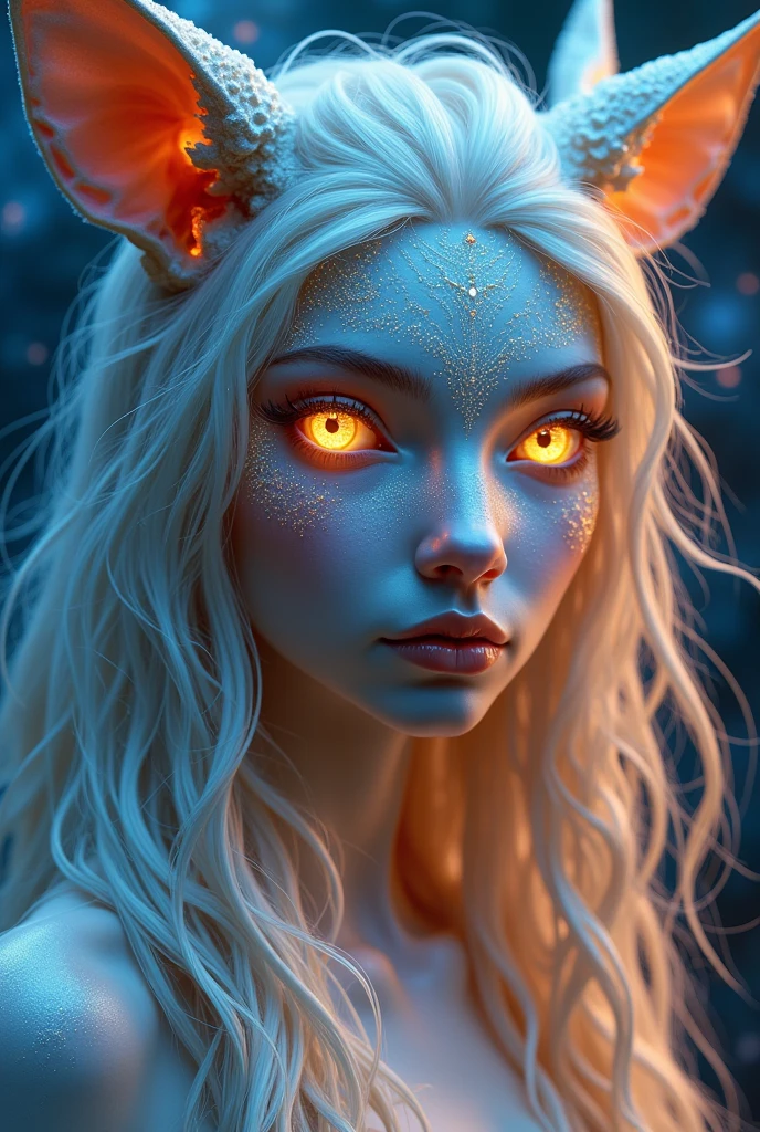 A cute adorable hyper-realistic and captivating portrait of a mystical and otherworldly beautiful young goddess creature, with luminous and ethereal animal features. The creature has deep glowing eyes that radiate an otherworldly light, surrounded by intricate patterns of shimmering light and shadow on its skin. The hair is a flowing cascade of silver and gold strands that catch and reflect light like threads of pure energy. The background is a dynamic blend of cosmic colors: blues + purples + pinks, swirling together in a nebula-like pattern, creating an aura of mystery and wonder. The overall composition is both surreal and stunningly lifelike, with a focus on detail and depth that draws the viewer into the mystical world of this extraordinary being. Super creative