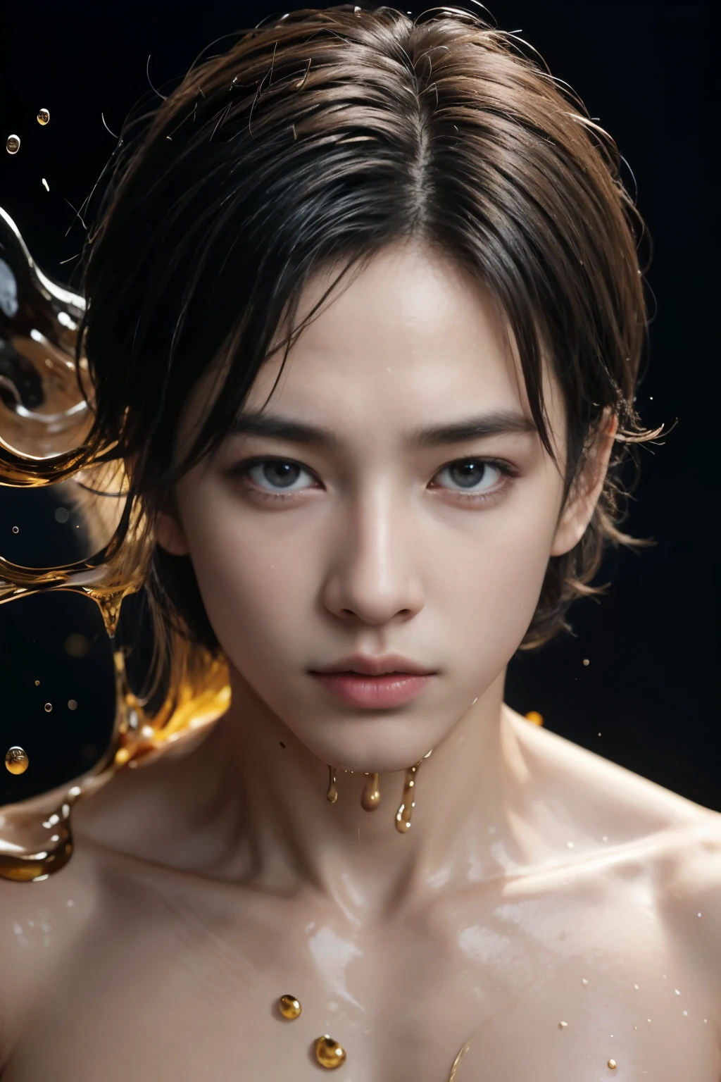 (high quality), (masterpiece), (detailed), 8K, Hyper-realistic portrait of 1 Japanese boy, (honey splash1.2) on his (upper body1.2), (liquid1.2) dripping down his (white shirt1.2), (sweet expression1.2) with (warm eyes1.2), (messy black hair1.2) and (honey droplets1.2) on his (smooth skin1.2), in a (cozy1.2) and (inviting1.2) setting, with a focus on ( textures1.2) and (lighting1.2) and (honey effects1.2), ( guidance1.2) with ( gentle eyes1.2), ( guidance1.2) with ( guidance1.2) and ( guidance1.2) on his ( guidance1.2), in a ( guidance1.2) and ( guidance1.2) setting, trending on Pixiv.