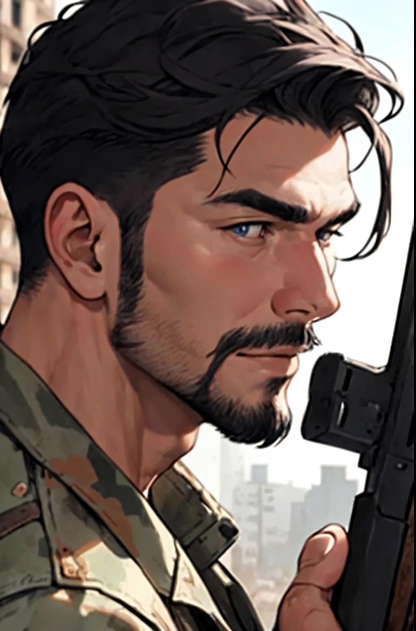 A close up of a soldier holding a rifle, ruined building, handsome man, close up, close-up, facial hair, white-asian,120 film looks, natural light, real skin, detailed face and eyes, (very highly detailed:1.3), HDR, high resolution
