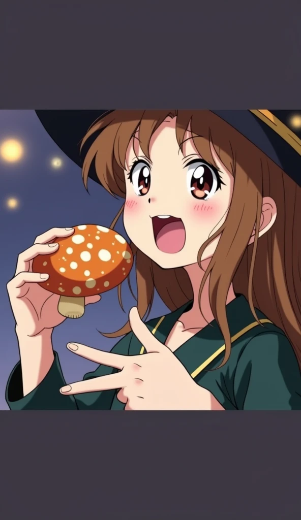 a anime girl, sailor moon art style, open mouth, wearing a witch hat, brown hair, open mouth, hand holding a mushroom, girl open mouth to eat mushroom, lofi girl, 90s sailor moon style, anime, moe 