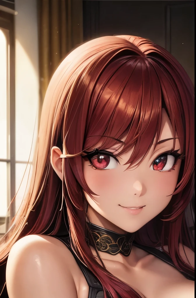 Realistic, a glamour shot of a smiling Asian waifu (extremely long curly red hair), cupping (squeezing) her breast, big ass, leaning toward the viewer, cowgirl pose, with Smokey eyeshadow and knowing smile, heavy eyeshadow and mascara, wearing an evening dress, underboob, side boob, insanely detailed face and eyes, intricate, hyper-detailed bedroom, a romantic evening, digital illustration, masterpiece, beautiful eyes, atmospheric lighting, centered, perfect anatomy, glowing eyes, candid portrait, clear, very detailed, smooth, sharp focus, focused on the viewer