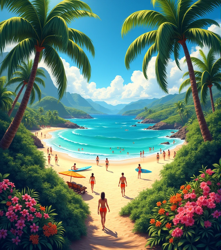 hawaii beach palm trees flowers colors, realistic in a panoramic dimension, with lots of vegetation, We want more vegetation than previous versions, ultra realistic, with surfboards