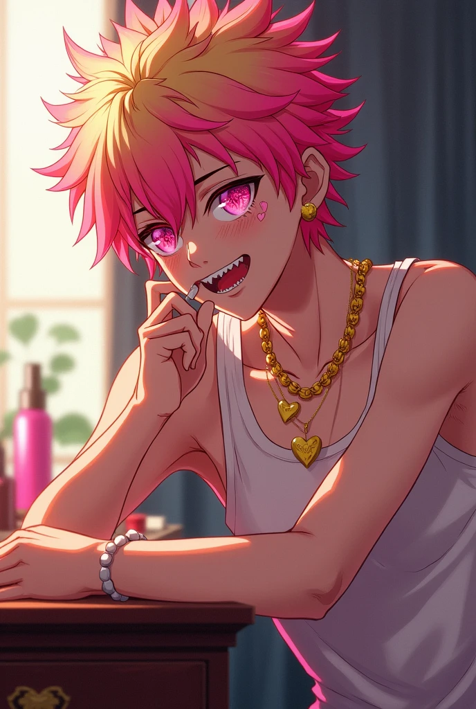 Boku no hero academia, screenshot, Male, spiky hair that transitions from light blonde to vibrant pink tips, The Boy has light skin with small freckles across the cheeks, intense pink eyes shaped like hearts, A small pink heart is also drawn on the right cheek, He is adorned with gold heart-shaped earrings and a matching heart-shaped necklace, Femboy, Feminine Male, Full body screenshot, Smirk, Sharp teeth , Painted in Oil , Wearing White Dress with angel wings , Leaning On dresser putting on red lipstick