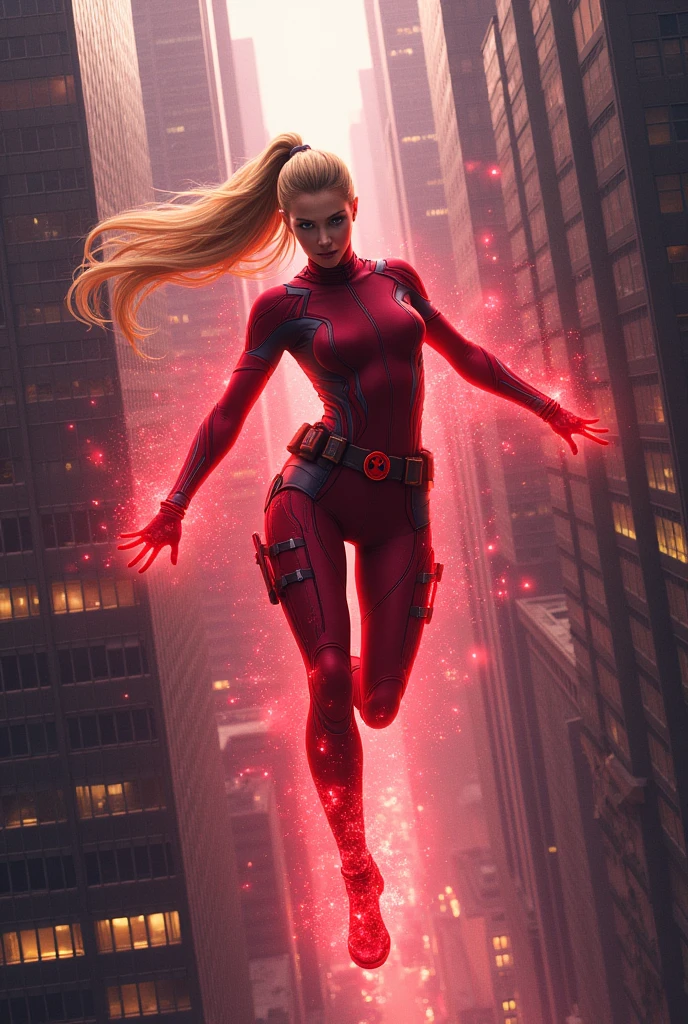 (((Flying between skyscrapers))),(((lady deadpool))),(((A beautiful woman with long blonde hair tied back in a ponytail))),(((bajo el manto de Wanda Wilson alias lady deadpool))),(((fighting pose))),(((red magic around his entire body)))