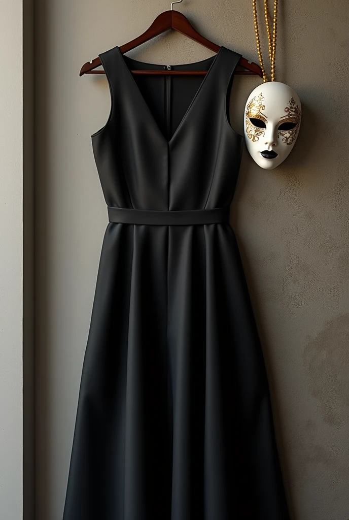 The cover features a black dress hanging against a sleek textured wall. Near the dress, hanging next to the dress, There is the mask that is white with gold details