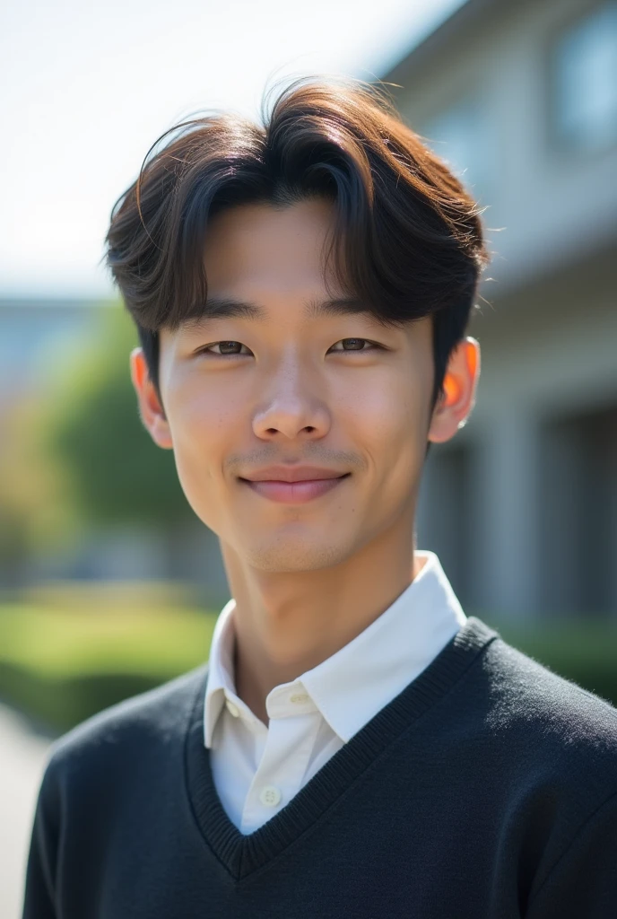 Photorealistic, 8k full body portrait, Handsome, mens, , Gentle expression,smile,Brown Hair,Fine skin,20-year-old Japanese,University campus,Bangs that reach the eyes