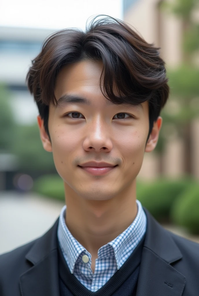 Photorealistic, 8k full body portrait, Handsome, mens, , Gentle expression,smile,Brown Hair,Fine skin,20-year-old Japanese,University campus,Bangs that reach the eyes
