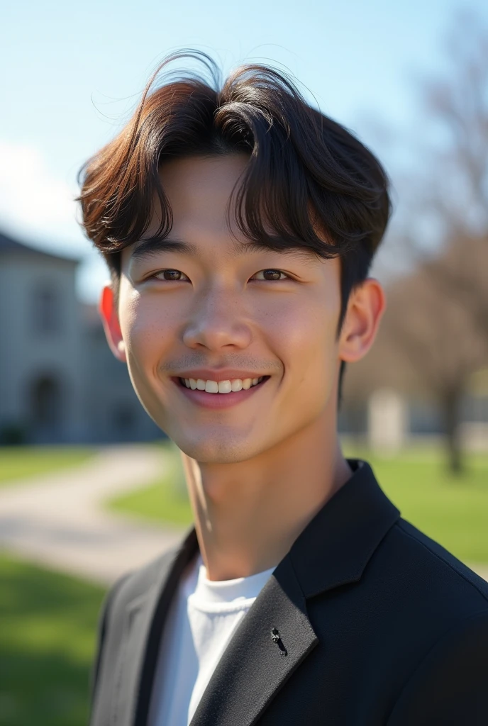 Photorealistic, 8k full body portrait, Handsome, mens, , Gentle expression,smile,Brown Hair,Fine skin,20-year-old Japanese,University campus,Bangs that reach the eyes