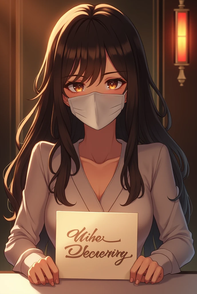 I'm having a dinner with 5 people.、long beautiful hair、white mask、arafed woman wearing a face mask、(highest quality、High resolution、masterpiece:1.3)、(The background is a luxury hotel lobby)、Precisely expresses details such as face and skin texture、Big eyes、double eyelid、thin eyebrows、In the hands「grand chat」He has a signboard with the words