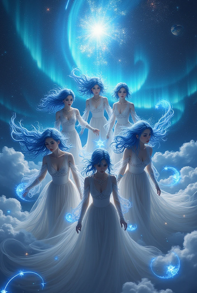 best quality,masterpiece,16,000,3 women, 3 men, Aurora,blue eyes,blue hair,star자리,star자리 print,diffraction spikes,dress,Robe,earring,earth \(planet\),flame,Galaxy,glitter,have,bijouterie,light particles,beam,Light trail,long hair,Energy Circle,Magic진,Concentric circles,long sleeves,Magic,Magic circle,Galaxy수,night,night sky,planet,shooting star,sky,alone,space,flame,flame background,star \(sky\),star \(symbol\),starry background,starry sky,starry sky print,very long hair,wing,Short hair