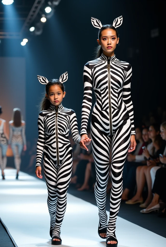 Overdone with the details, mother and daughter dressed as zebras in a real-life fashion show.