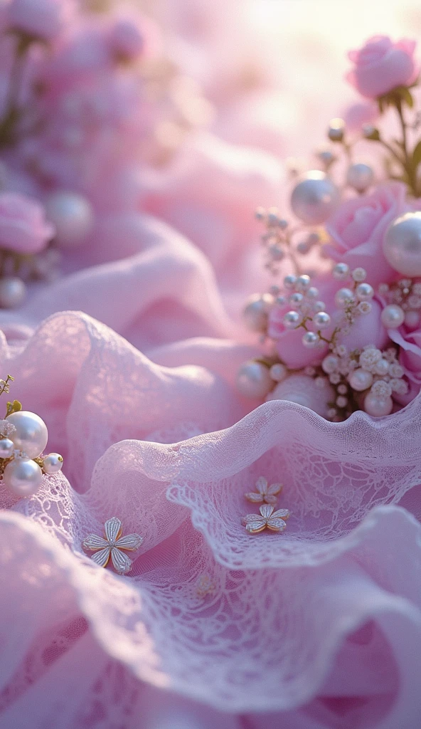 Imagine a luxurious, vintage-inspired design that seamlessly blends the refined elegance of the Victorian era with intricate antique charm. A delicate cloud of lilac, lilac, lilac tulle, purple. The hue serves as a backdrop for a sumptuous arrangement of light lilac, beige and cream hues, carefully embellished with lace filigree, luminous pearls, sparkling diamonds and soft, flowing ribbons. This opulent scene comes to life in exquisite, hyper-realistic detail, as if it were taken from the pages of a vintage fashion magazine. Rendered in stunning 8K resolution, this masterpiece boasts an unparalleled level of depth and clarity, inviting the viewer to step into a world of refined luxury and timeless sophistication.