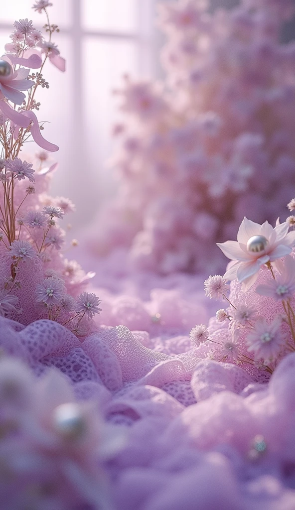 Imagine a luxurious, vintage-inspired design that seamlessly blends the refined elegance of the Victorian era with intricate antique charm. A delicate cloud of lilac, lilac, lilac tulle, purple. The hue serves as a backdrop for a sumptuous arrangement of light lilac, beige and cream hues, carefully embellished with lace filigree, luminous pearls, sparkling diamonds and soft, flowing ribbons. This opulent scene comes to life in exquisite, hyper-realistic detail, as if it were taken from the pages of a vintage fashion magazine. Rendered in stunning 8K resolution, this masterpiece boasts an unparalleled level of depth and clarity, inviting the viewer to step into a world of refined luxury and timeless sophistication.