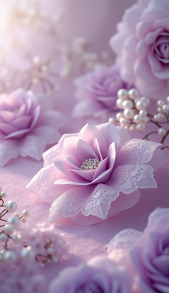 Imagine a luxurious, vintage-inspired design that seamlessly blends the refined elegance of the Victorian era with intricate antique charm. A delicate cloud of lilac, lilac, lilac tulle, purple. The hue serves as a backdrop for a sumptuous arrangement of light lilac, beige and cream hues, carefully embellished with lace filigree, luminous pearls, sparkling diamonds and soft, flowing ribbons. This opulent scene comes to life in exquisite, hyper-realistic detail, as if it were taken from the pages of a vintage fashion magazine. Rendered in stunning 8K resolution, this masterpiece boasts an unparalleled level of depth and clarity, inviting the viewer to step into a world of refined luxury and timeless sophistication.