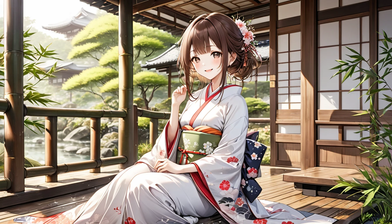 Brown Hair Girl、Japanese garden details、masterpiece, Highest quality, Light background:Expression of Japanese Garden:Clothes that make you feel relaxed and smile:Simple kimono pose:Sitting on the porch、View of the scenery:Bamboo swaying in the wind and the tranquility of the garden
(Detailed fingers), (Emotional), (Breathtakingly beautiful), (main part:1.2 Whole body), (Anime Style), (Very detailed), (超High resolution, High resolution), (8k), (Complex and beautiful: 1.2)