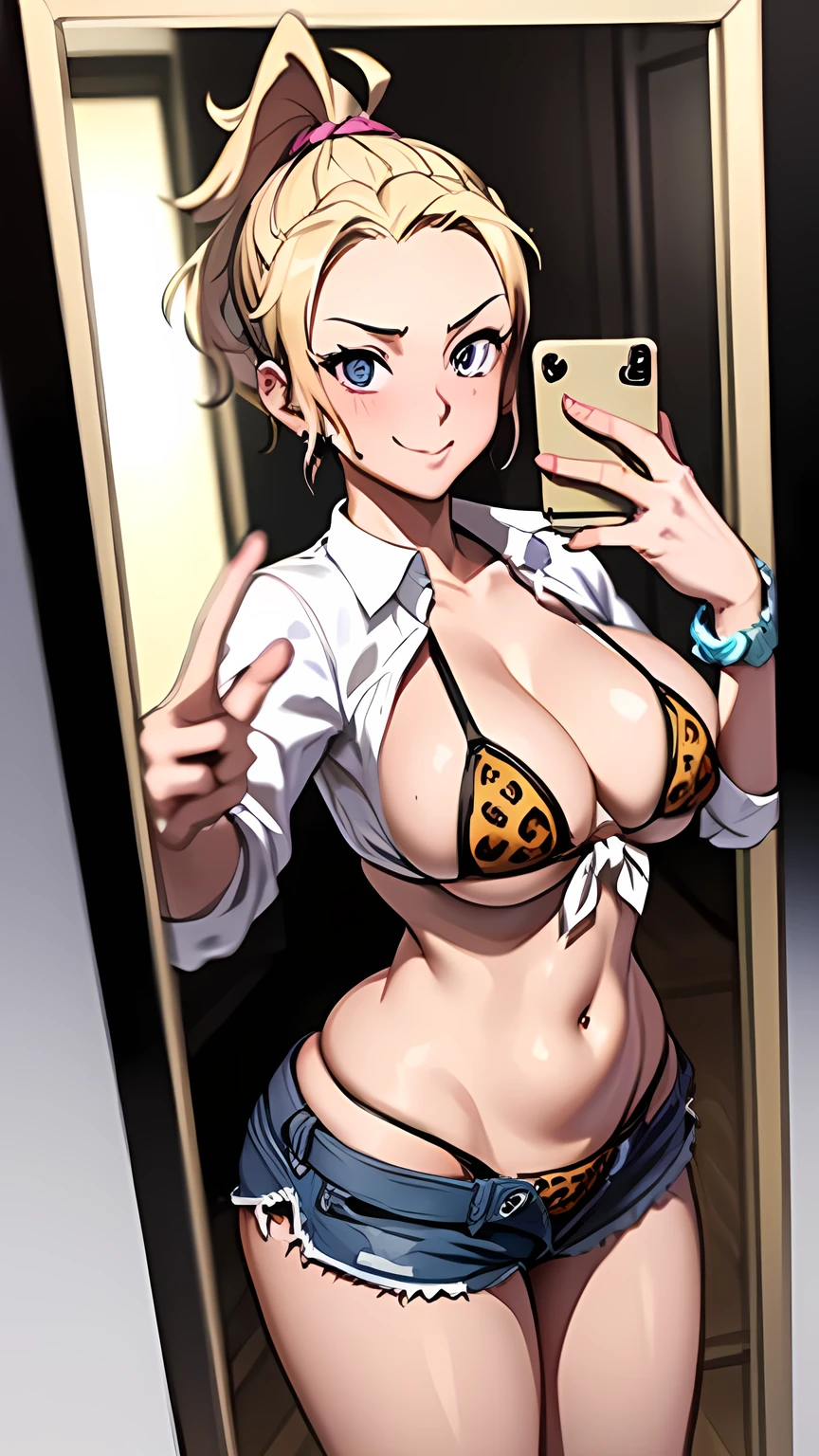 One girl, masterpiece, Highest quality, Medium Full Shot, Blonde ponytail, Ganguro,(Leopard print bikini, Big Breasts, Shorts, Selfie in the mirror)