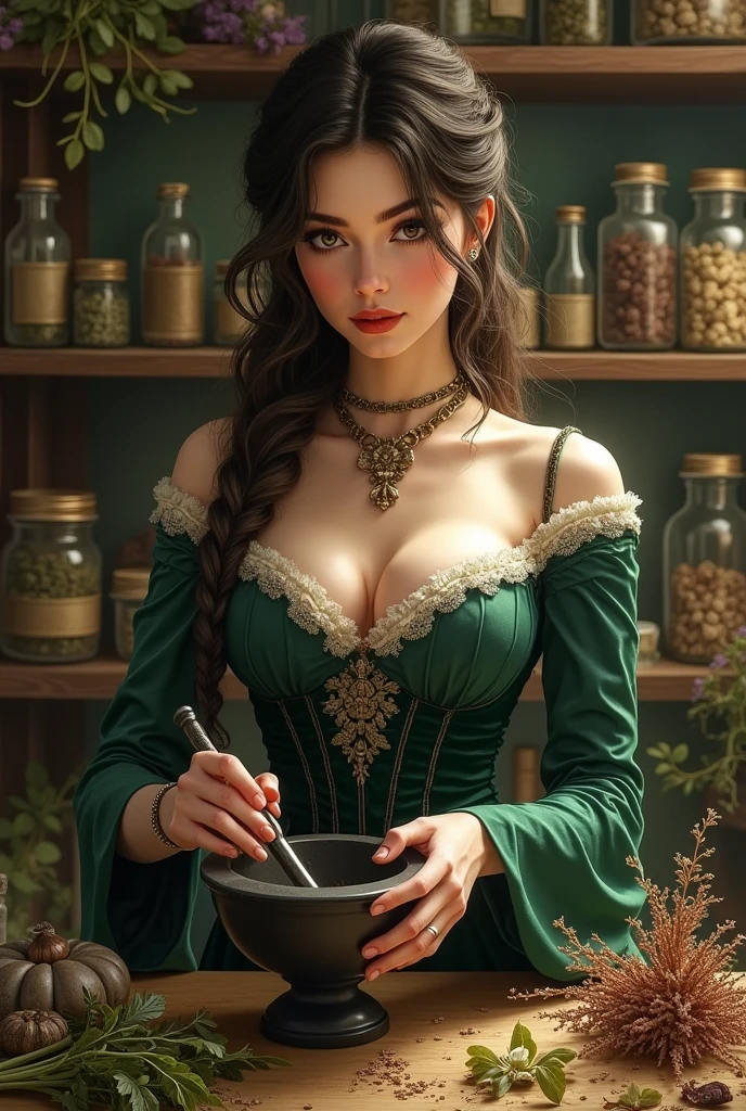 A beautiful witch, dressed in tight clothing from the Victorian era, with an elegant, attractive demeanor, is drying herbs to make a healing remedy, she has a mortar in front of her.