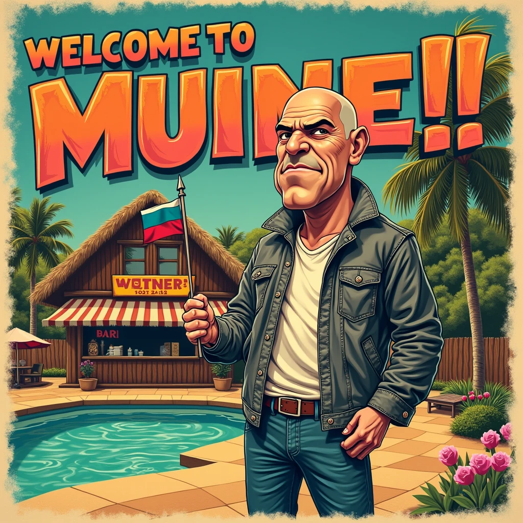 An ultra-detailed masterpiece with a punk twist, featuring a bold title "WELCOME to MUINE!!!" in a propaganda style font with rustic, worn edges. The title is emblazoned in a curved line and placed prominently in front of a caricature of a man with a shaved head and a mischievous aura. He's dressed in a worn, grey jacket and faded jeans, which adds to his laid-back, carefree vibe. However, his scowling expression and sly, smug smile suggest that there's more to him than meets the eye. He's clutching a miniature Russian flag in his hand, which adds a touch of irony and sarcasm to the design. The man is standing in front of a small, tropical bar in Vietnam, surrounded by a sun-drenched swimming pool. The tropical setting is characterized by vibrant hues of green, brown, and yellow, which mingle with tropical shades of orange, pink, and turquoise. The color palette is inspired by Eastern fusion and pop art, which adds to the design's playful, tongue-in-cheek feel. The overall effect of the design is a rich, saturated color palette that pops against fabric. The distressed, grungy edges and bold, eye-catching elements make it perfect for textile printing. The design exudes a playful, whimsical atmosphere, with a touch of sarcasm and irony. It's a truly unique and eye-catching design that's sure to turn heads.