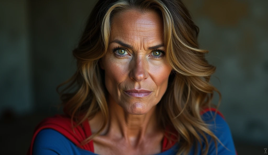 super old Demi Moore Supergirl; HD. Photograph, ((realism)), extremely high quality RAW photograph, ultra detailed photograph, sharp focus, high resolution, (detailed skin:1,3),high quality, film grain, Fujifilm XT3,Highly Detailed, movie, (Cinematic Photo:1.3) of (Realistic:1.3), by John Byrne/Jerry Ordway