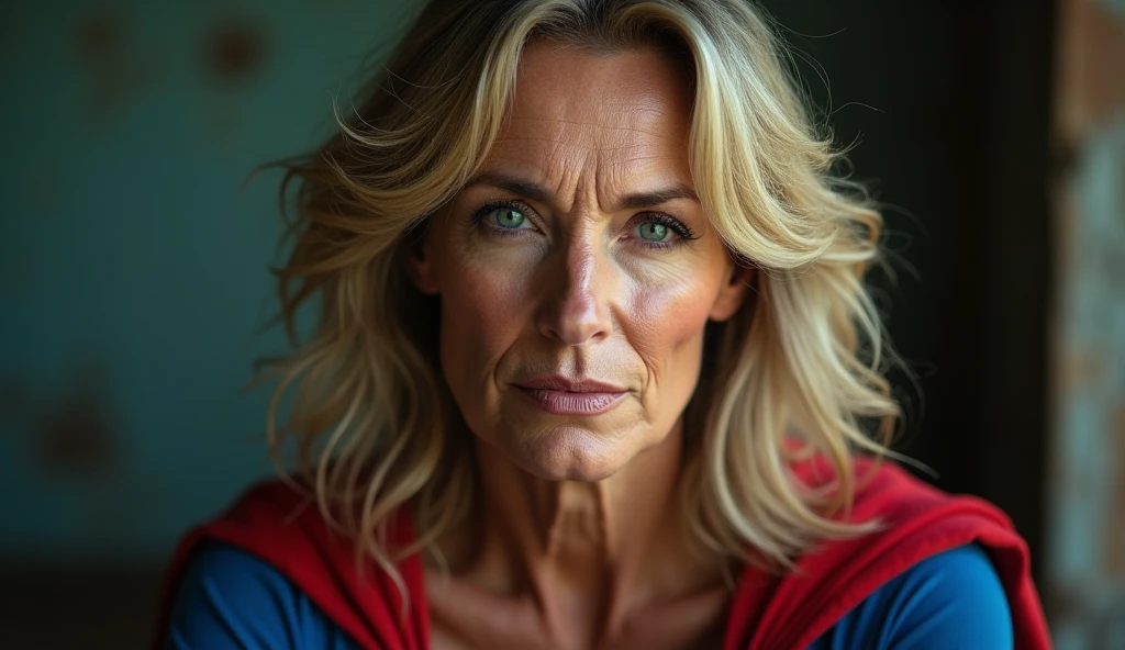 super old Demi Moore Supergirl; HD. Photograph, ((realism)), extremely high quality RAW photograph, ultra detailed photograph, sharp focus, high resolution, (detailed skin:1,3),high quality, film grain, Fujifilm XT3,Highly Detailed, movie, (Cinematic Photo:1.3) of (Realistic:1.3), by John Byrne/Jerry Ordway