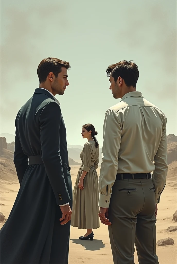 Two men with their backs turned and a woman looking at them semi-argent