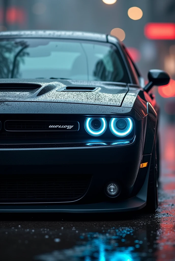 Dodge Challenger preto com farol redondo azul, in the rain blurred images in the background High resolution