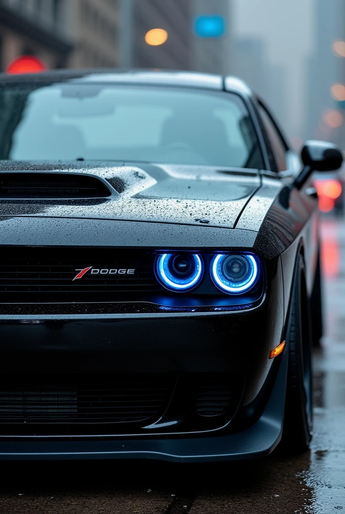 Dodge Challenger preto com farol redondo azul, in the rain blurred images in the background High resolution