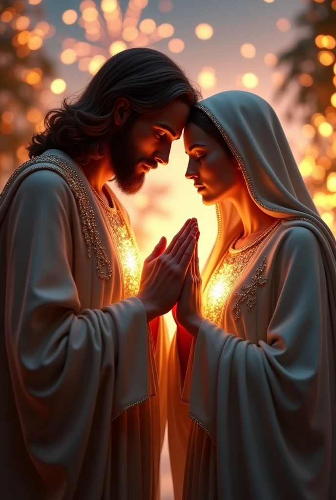 (photorealism:1.2), a handsome Jesus Christ and a beautiful virgin Mary, praying and celebrating Christmas, wearing the elegant color gray clothes sorrounded of many diamonds, the light in their heads and hearts sparkling all over, beautiful clothes, very nice hair, outdoors, soft light in the evening, fireworks and Christmas decorations in the background,  evening with Christmas light, cozy Christmas, relaxed pose, realistic, intricate details, warm colors,