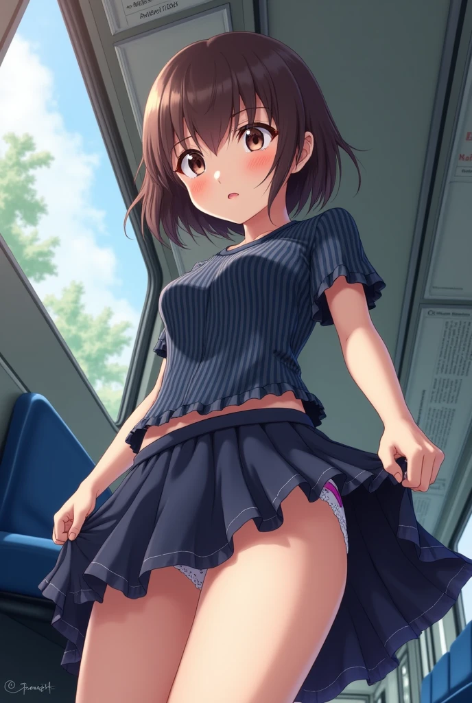 nsfw,,high school girl,,,Brown Hair,Shortcuts,Short Bob,Suspicious face,I hate it,blush,Small breasts,Small breasts,White and pink panties,Inside the train,Angle from below,striped dark blue lace shirt ,frilled skirt,sleeveless,large breasts
nsfw,(Lift up the skirt:1.4),(naked panties visible:1.3),(pubic hair:1.2),(cameltoe:1.2),(love juice:0.7),
(frown:1.2),(angry:1.2),contemptuous,disdain,(hate:1.3),looking down,elegant,active angle,dynamism pose, outdoors, (embarrassed,nose blush:1.3),from below