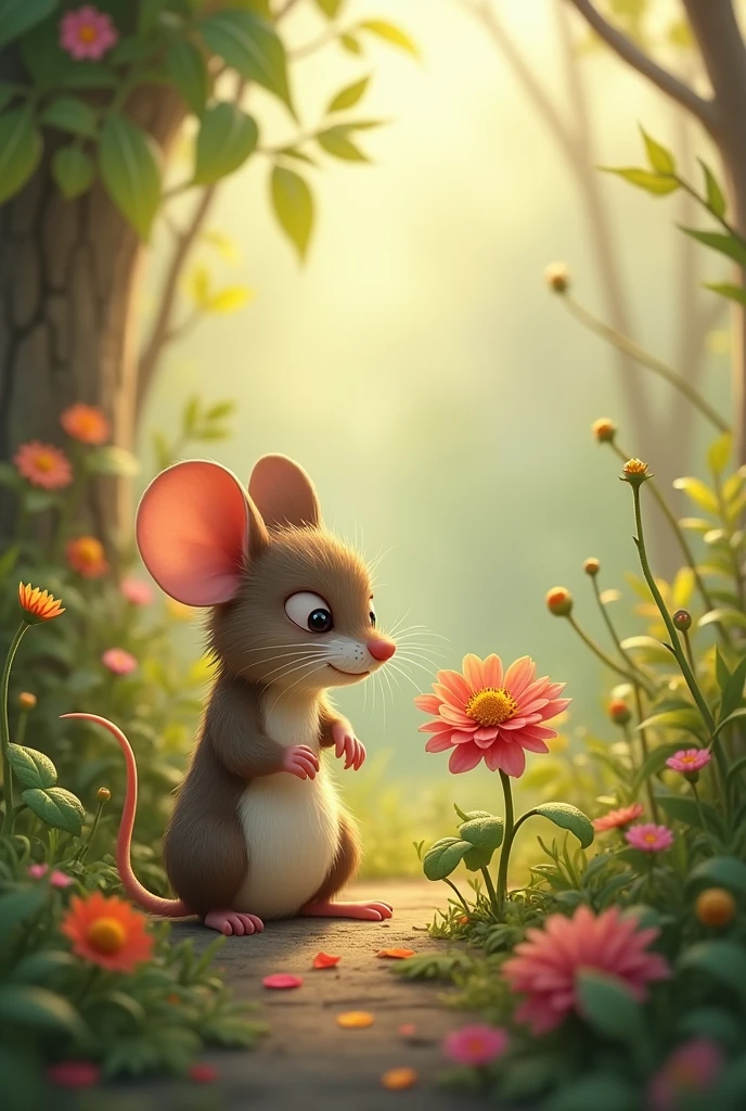 In a small garden lived a mouse called Pepe. Pepe was curious and was always exploring among the flowers and leaves.. One day, He found a flower that was sad because its petals had fallen due to the wind..