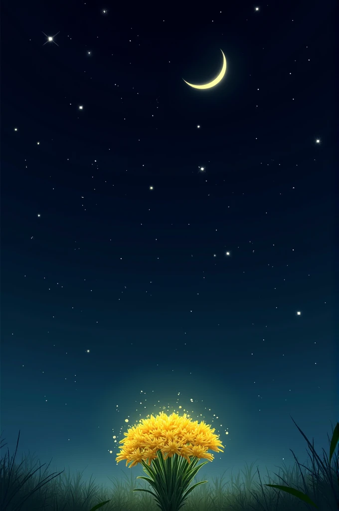 Dark night starry sky with a moon with a bouquet of yellow flowers