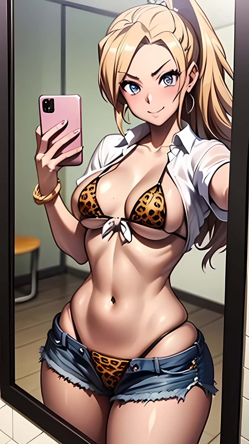 One girl, masterpiece, Highest quality, Medium Full Shot, Blonde ponytail, Ganguro,(Leopard print bikini, Big Breasts, Shorts, Selfie in the mirror)