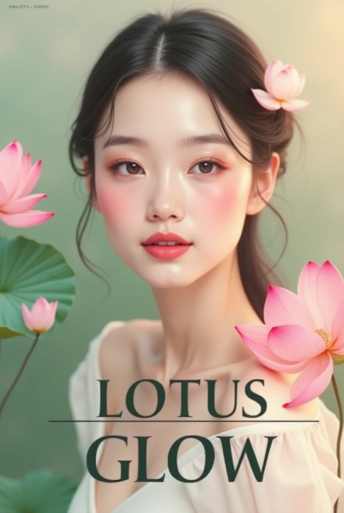 Create a decent looking makeup magazine cover, and that has the elegant aesthetics of a lotus flower with the name lotus glow with pastel pink and pastel green in addition to dark moss green, very very elegant 