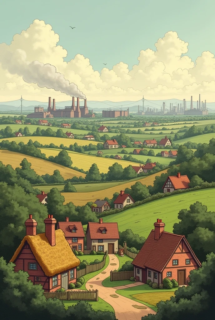 A picture of Manchester in the late 18th century. The cartoon shows a rural landscape with small country houses and agricultural land.. on the horizon, The first factories begin to appear, with chimneys belching smoke.