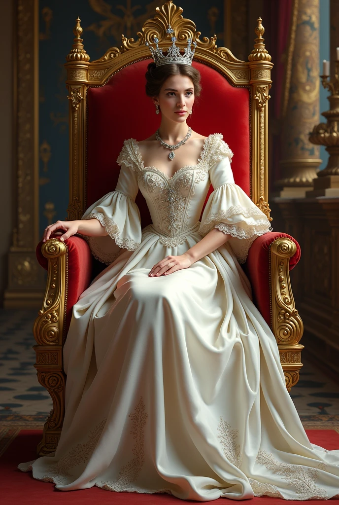 Queen Victoria of England sitting on a throne full body , dressed in white with a state crown