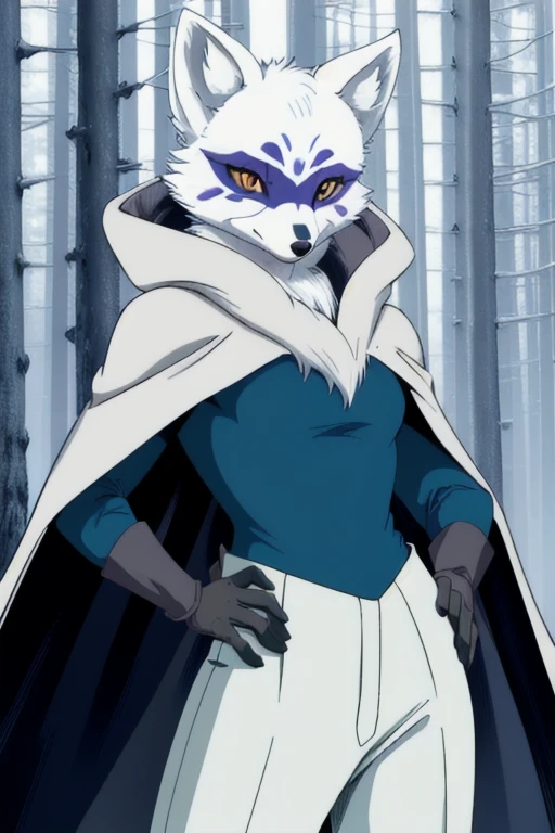 Alopex, arctic fox, furry, blue marks face, tmnt, orange eyes, 1girl, solo, cape, cloak, gloves, robe, pants, best quality, masterpiece, Mouth Mask, forest, 