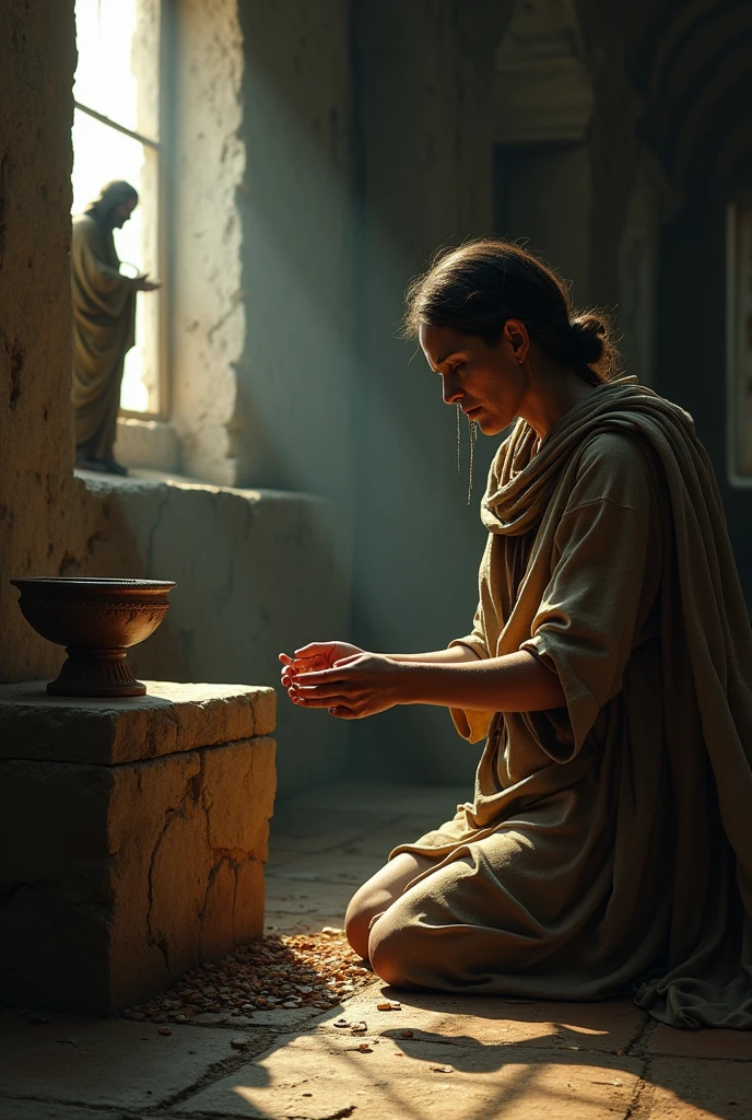 A poor woman, In the temple,, sobbing, kneeling, inserting a coin into the vase. next to window, Jesus standing.