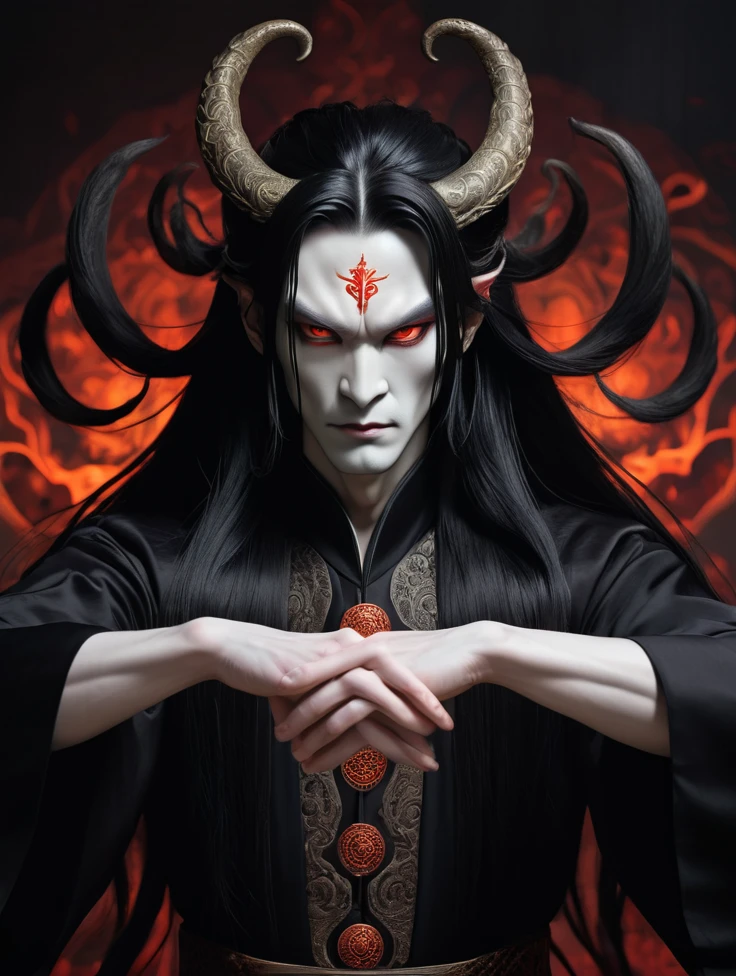 Demon deity demonic man long black hair black exquisite clothes pale skin four arms outstretched like a deity figure man