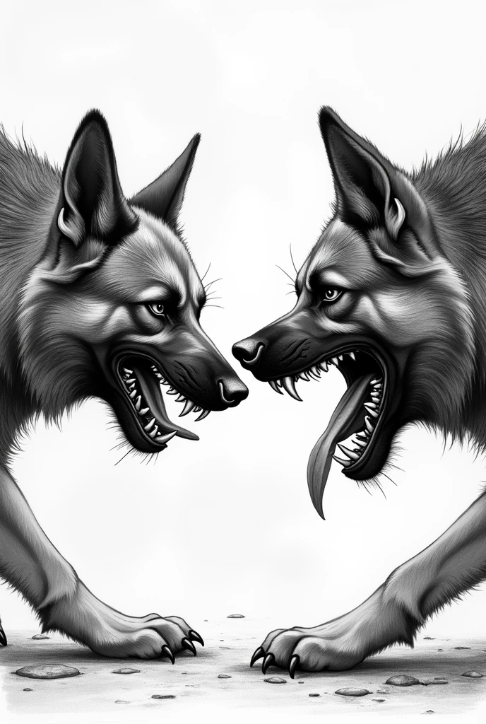 Drawing of two hungry and angry German Shepherd dogs