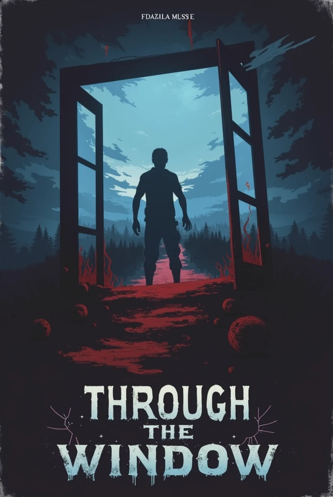 Create 80s horror movie poster style art for your book with synopsis: **Synopsis of "Through the window"
In the small and peaceful town of Bom Paraíso, what should have been just another peaceful month of July turns into a real nightmare. When Amanda Rodrigues, a second year student, is brutally murdered, the entire city is thrown into a spiral of fear and paranoia. Thiago Lopes, an observant student who prefers the company of books to that of his peers, is at the center of this terror. He was close to Amanda, and the mystery of his death soon extends to other macabre murders that defy the understanding of local police.
As the city searches for a culprit, theories about an untamable beast begin to emerge, Thiago begins to suspect that something much more sinister and supernatural is at play.. The sound of a stuck window in your house, opened inexplicably every night, becomes a symbol of the evil that lurks outside — or perhaps within.
Amidst sleepless nights and disturbing dreams, Thiago and his friend Cleitinho delve into the legends of werewolves, trying to decipher whether the folk stories have any truth. As the deaths continue, Thiago begins to realize that the open window may be more than a mere accident.; It could be an invitation for horror to enter your life..
"Through the window" It is a story of psychological horror and mystery, where the line between reality and nightmare blurs, and the real enemy may be closer than it seems.