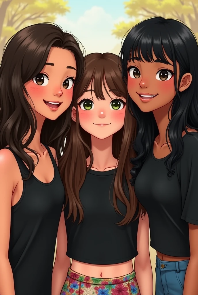 I want an AI image of three girls:
The first girl, left side, has very long dark brown hair that is wavy at the ends, black eye, and it is average, wears a black dress. SHE HAS LIGHT BROWN SKIN. happy expression.
The second girl, middle, has very long straight brown hair and green eyes, is of average height and wears a black crop top with a colorful skirt. happy expression.
The third , right side, has medium straight black hair with bangs, dark eyes and is short. She is Asian and wears a black blouse.. happy expression.i’m