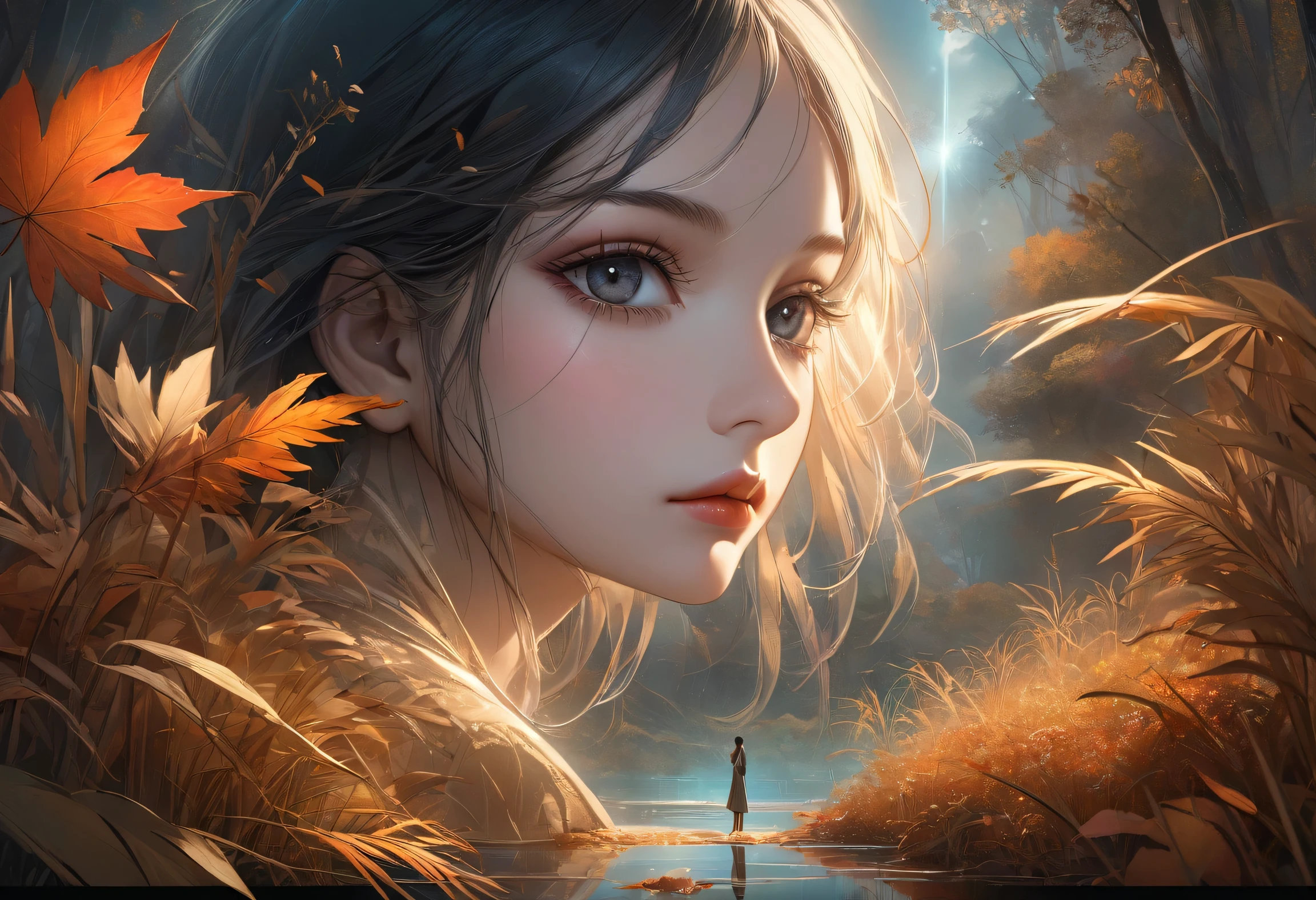 Reed landscape, bright canvas, The reed leaves are fluttering, Transparent holographic reflection, Surreal landscape made of reed leaves, Leaves viewers speechless, A beautiful world, 1 Indian woman, detailed eyes, Black eyes, detailed lips, very detailed face, long eyelashes, Beautiful and detailed portraits, elegant, tranquil expression, autumn, high quality, 8k, realistic, surrealist, studio lighting, Physically Based Rendering, vivid colors, movie lights, dramatic lighting, soft lighting, dramatic contrast, clear, ethereal, dreamlike, mysterious, magical, fancy, concept art