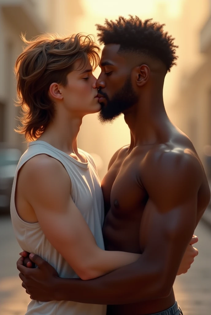 Make a white boy with a brown mullet kissing a black guy