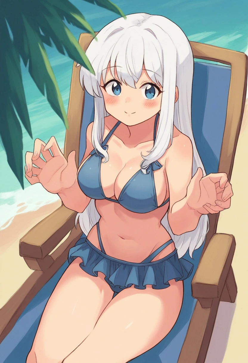 score_9, score_8_up, score_7_up, source_anime, best quality, clear face,Gawr gura,white hair, blue eyes, long hair, perfect body, sitting, looking at viewer, cute smile, wearing blue bikini, dynamic angle,blushing,embrassed,big boob,cute hands,blushing,cute,sitting on beach chair,on the beach