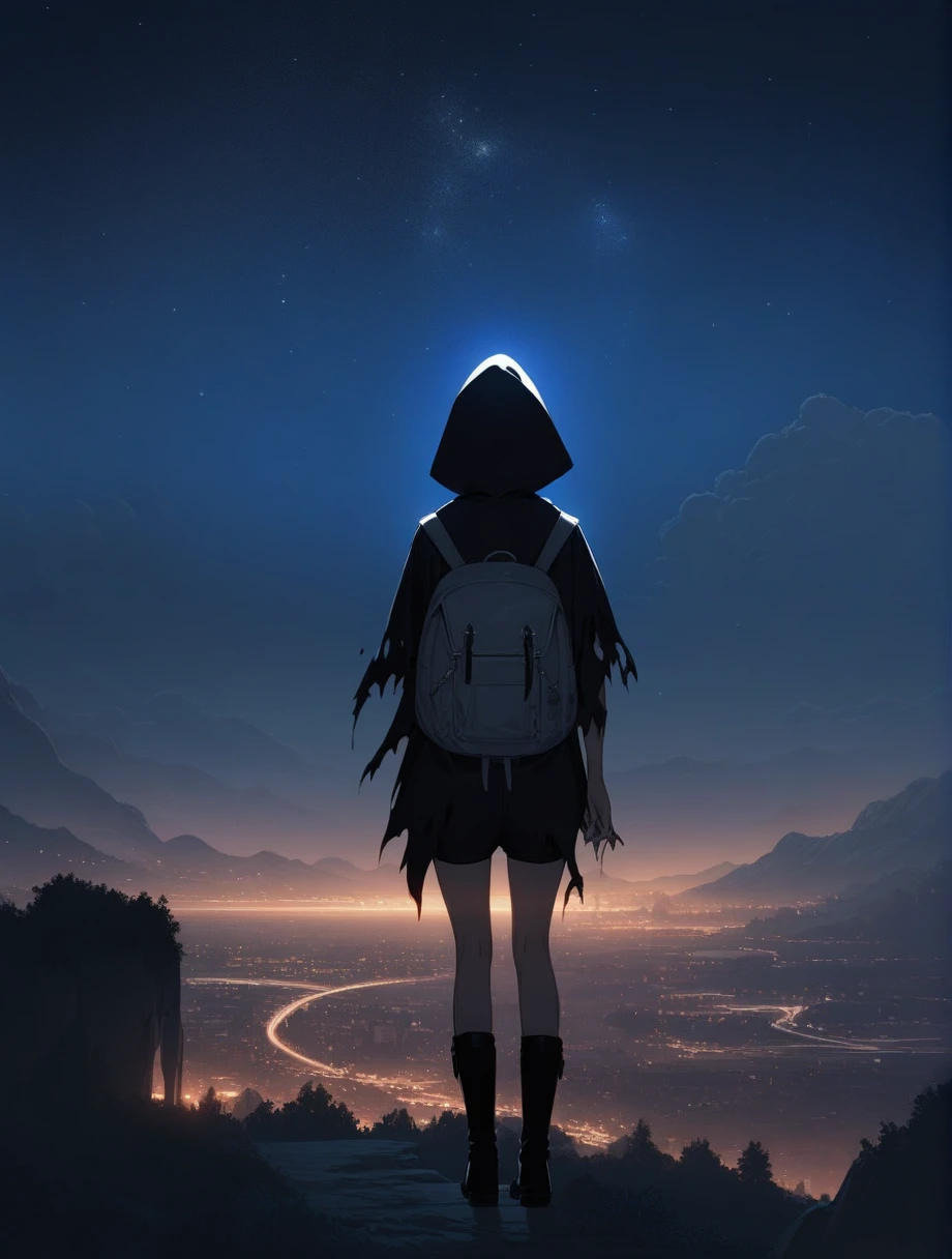 score_9, score_8_up, score_7_up, score_anime, masterpiece, top quality, delicate illustration, sharp lines, sharp focus, BREAK, a traveling girl wandering in the endless night world, the girl wears a hood and has a lot of stuff in her backpack, night , fantastic landscape, beautiful scenery, harmony with nature, spectacular view, space city, (((torn clothes))), (((torn hood))),shorts,boots