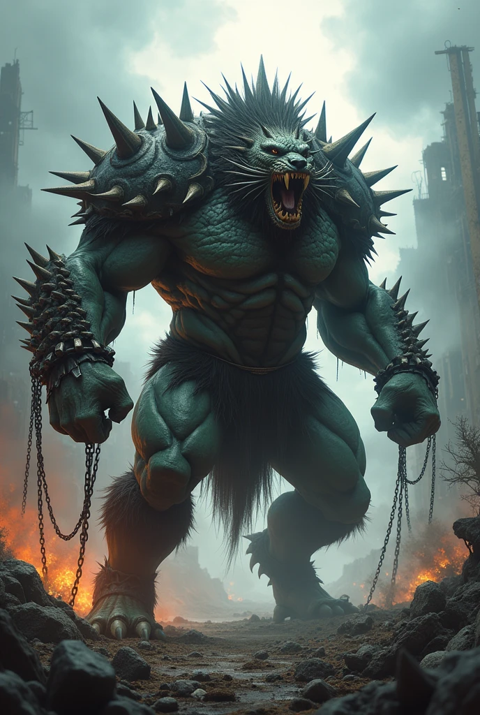 War beast with spiked hair, chains and crazy eyes