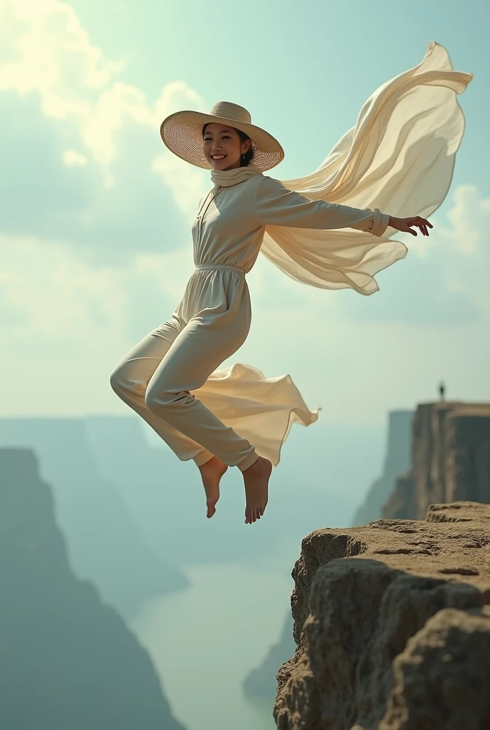A asian woman with long hijab flowing wearing long cream overall jeans , wearing large hat, jump free fall on the edge of a steep and terrifying cliff, face Smilling looking at the camera