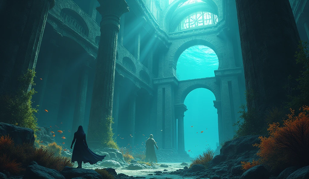 The sunken ruins of a city are illuminated with light, creating a fantastic atmosphere.