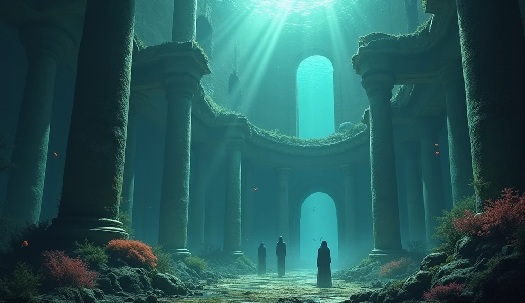 The sunken ruins of a city are illuminated with light, creating a fantastic atmosphere.